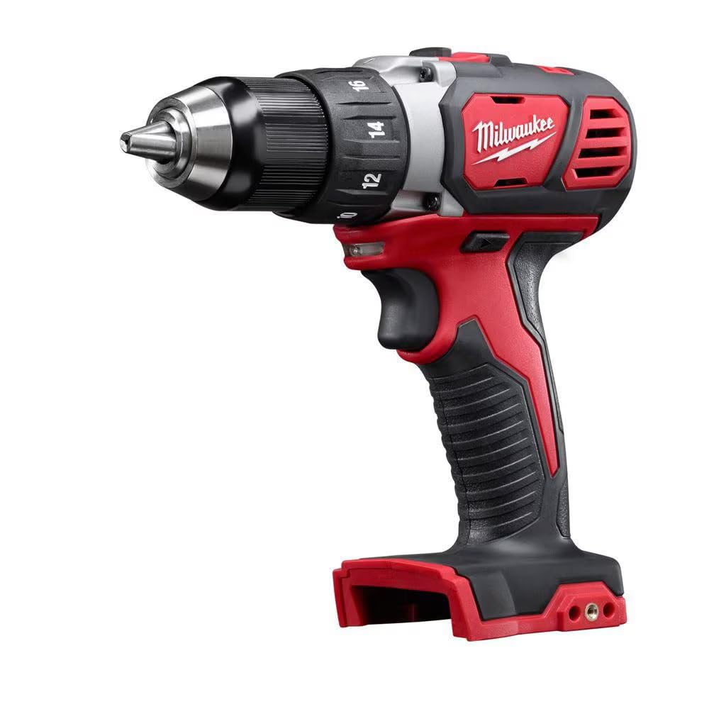 Milwaukee M18 compact drill driver with 1/2 inch chuck, red and black body, shown without battery.