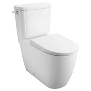 White two-piece elongated toilet with matching seat and left-hand trip lever on tank.