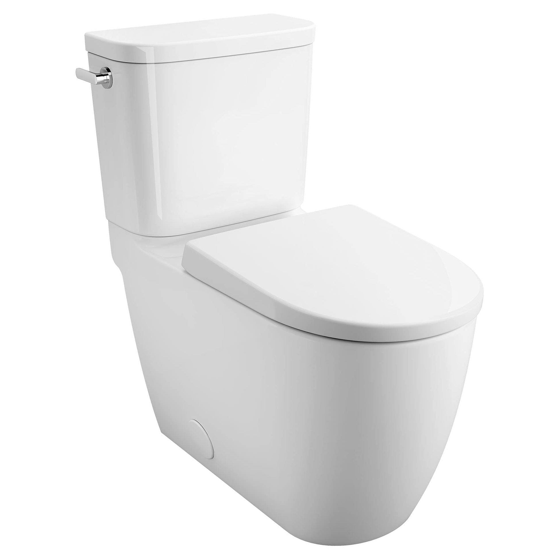 White two-piece elongated toilet with matching seat and left-hand trip lever on tank.