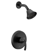 Matte black single-handle shower trim kit with round wall plate, curved lever handle, and cone-shaped showerhead with perfora