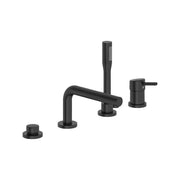 Matte black four-hole deck mount roman tub faucet with single handle, spout, hand shower, and control knobs.