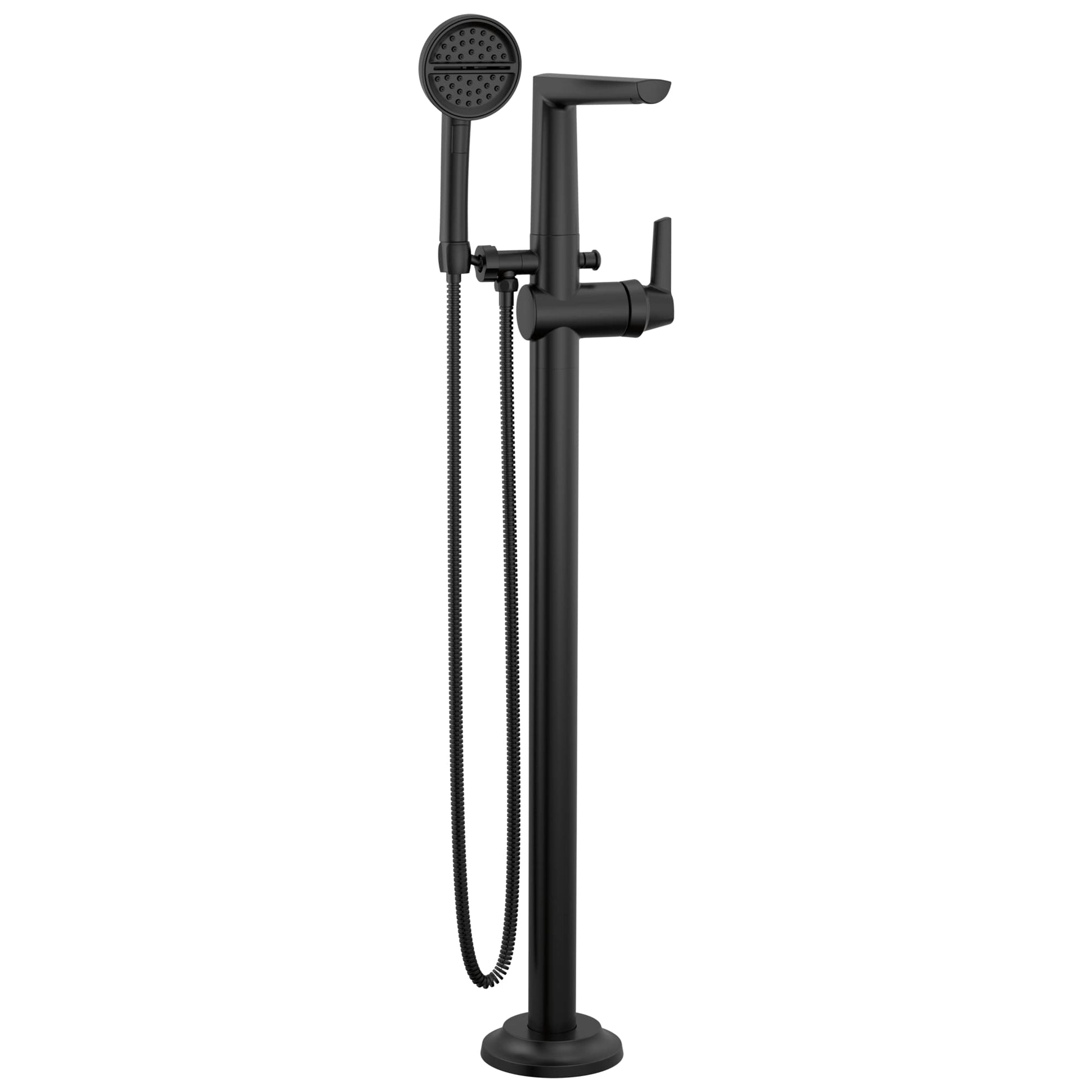Black free-standing tub filler with single lever handle, round showerhead, and hand shower on hose.