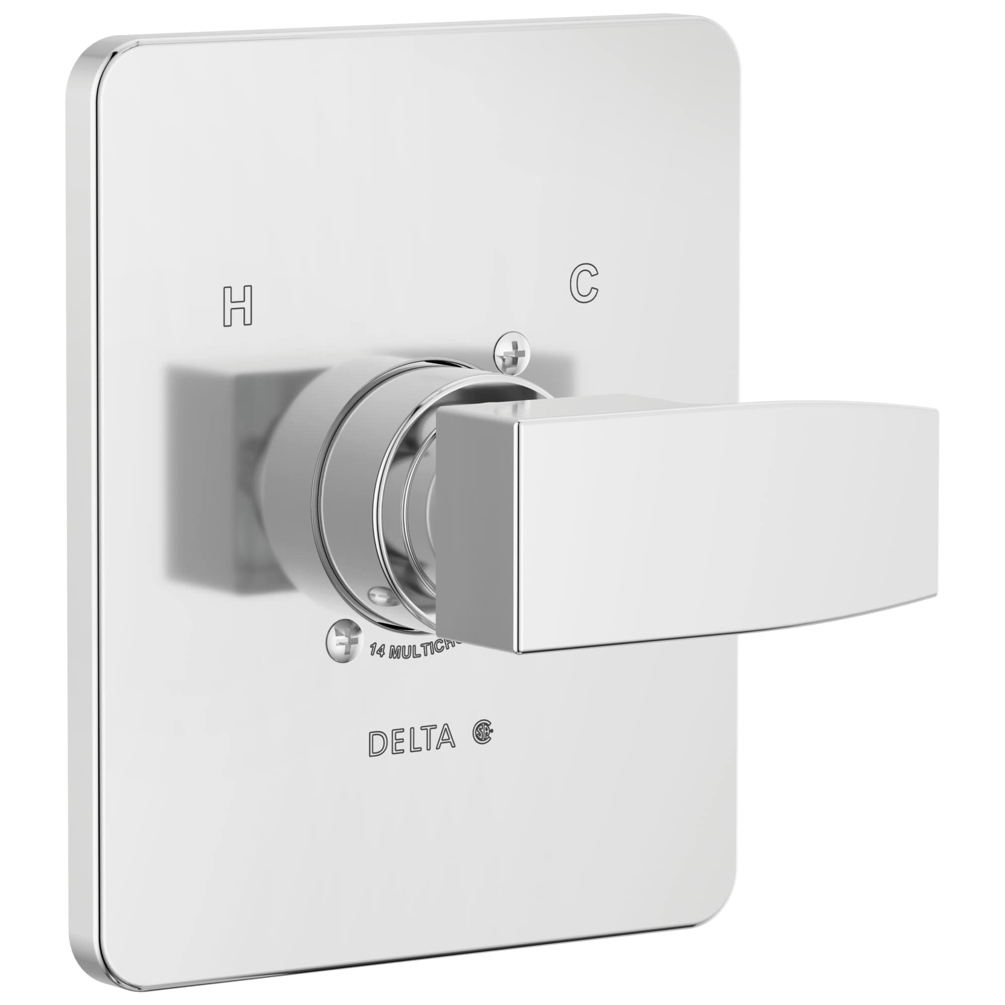 Chrome Delta monitor valve with rounded square trim plate and lever handle, H and C markings visible.