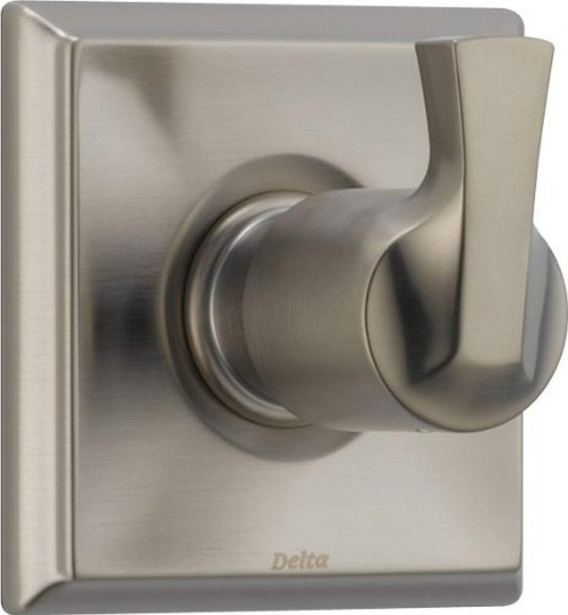 Brushed nickel diverter trim with single lever handle and rectangular wall plate.