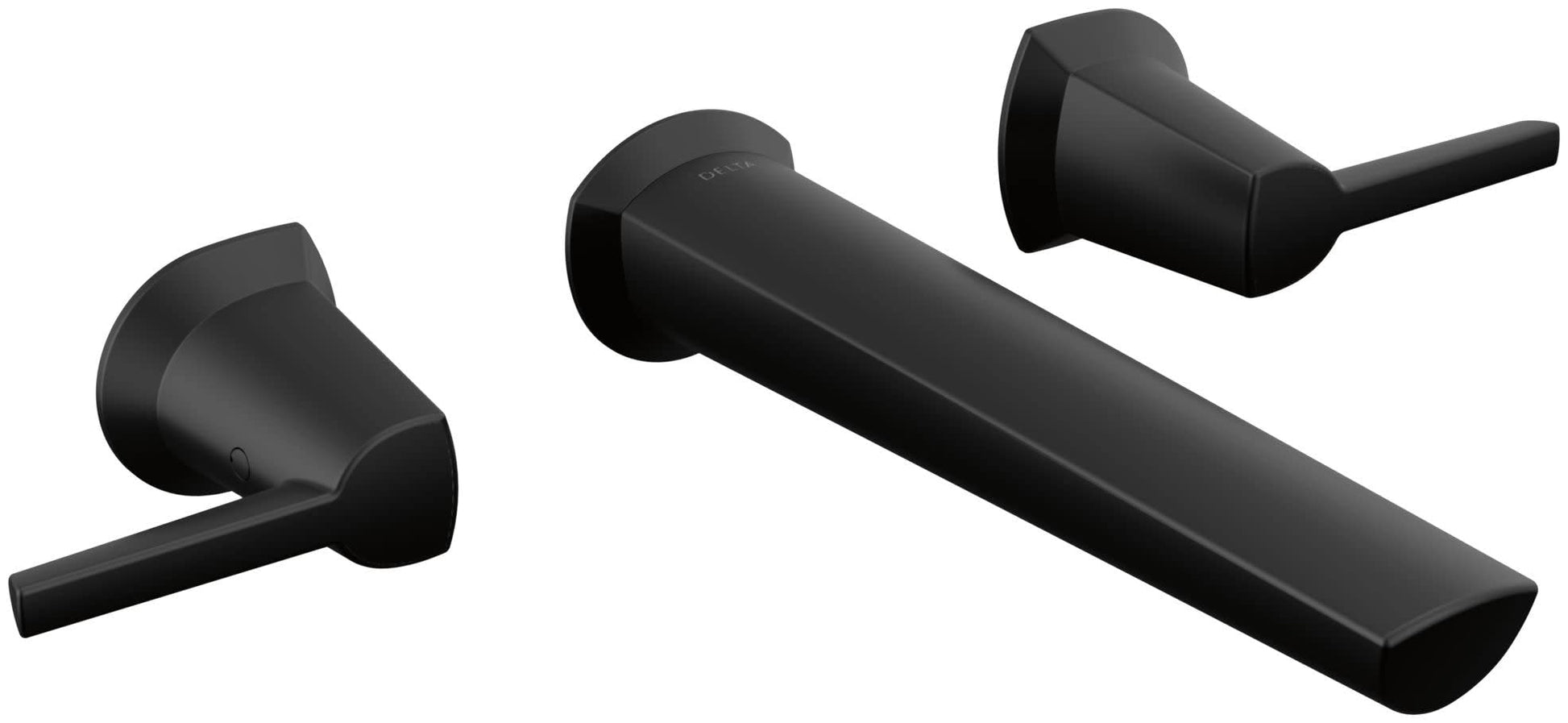 Black matte finish wall-mounted bathroom faucet with elongated spout and two lever handles.