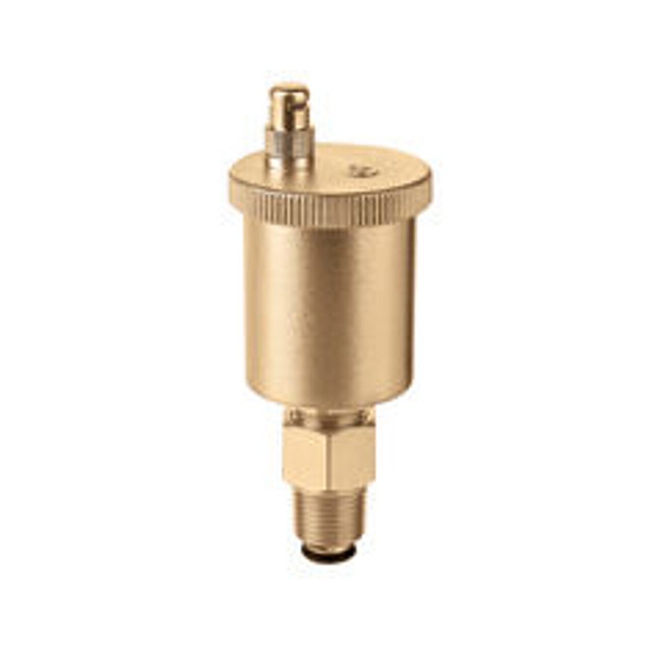 Brass automatic air vent with cylindrical body, ribbed top cap, and 1/2 inch NPT threaded connector.