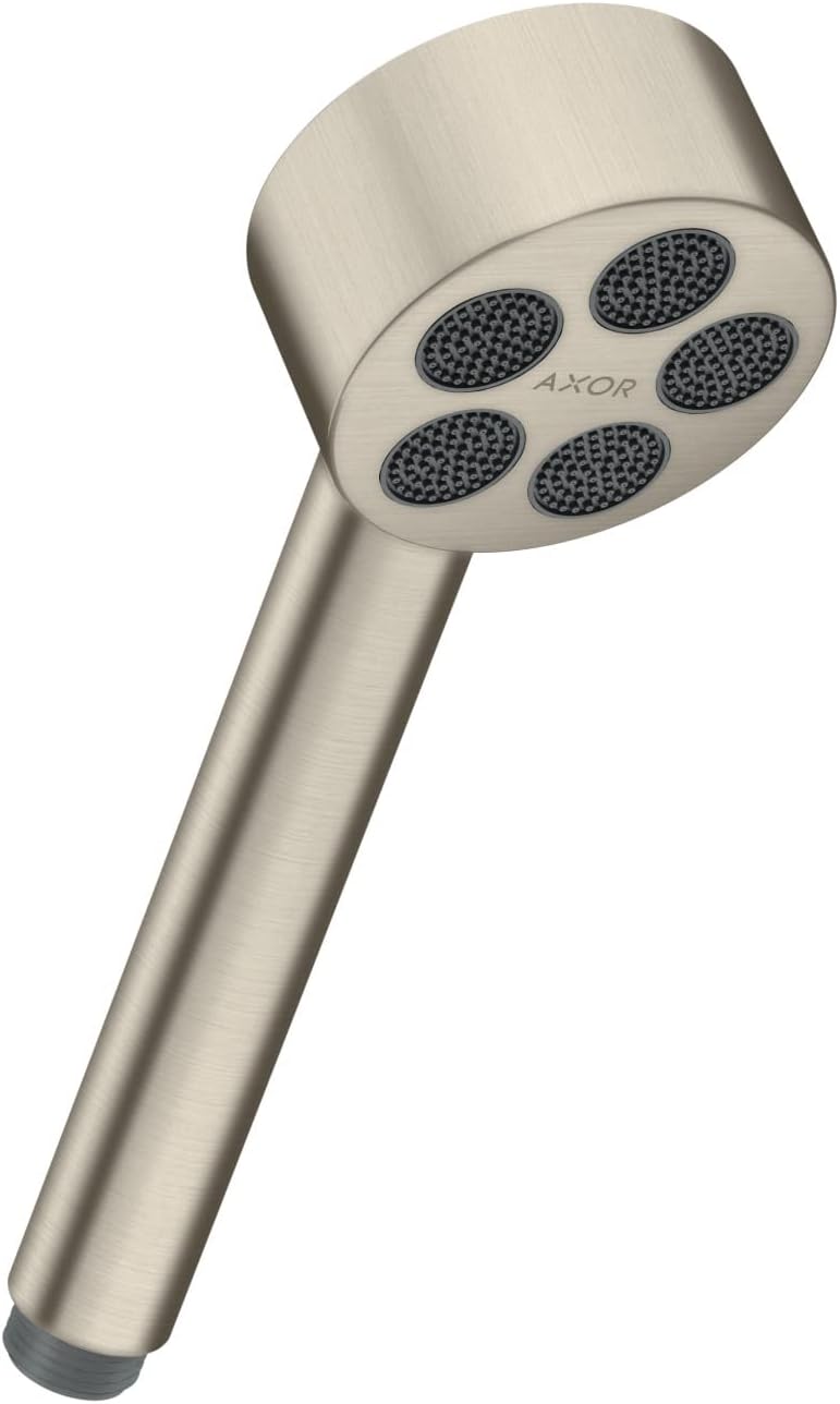 Brushed nickel handshower with five spray nozzles and cylindrical handle.