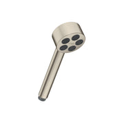 Brushed nickel handheld showerhead with cylindrical head containing six spray jets and elongated handle.