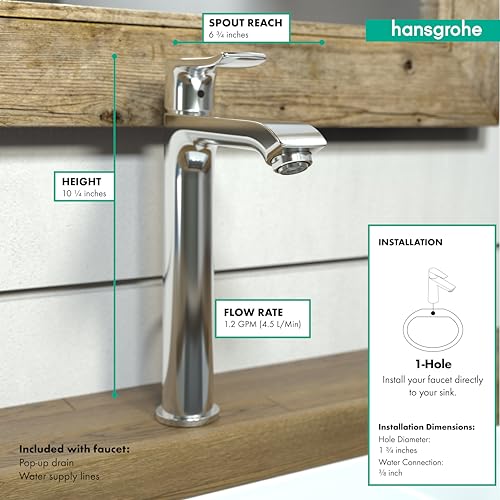 Chrome single-hole bathroom faucet with tall spout, pop-up drain, and 1.2 GPM flow rate mounted on wooden counter.