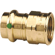 Bronze press adapter with 3/4" press connection on left and 3/4" female thread on right, green indicator dot visible.