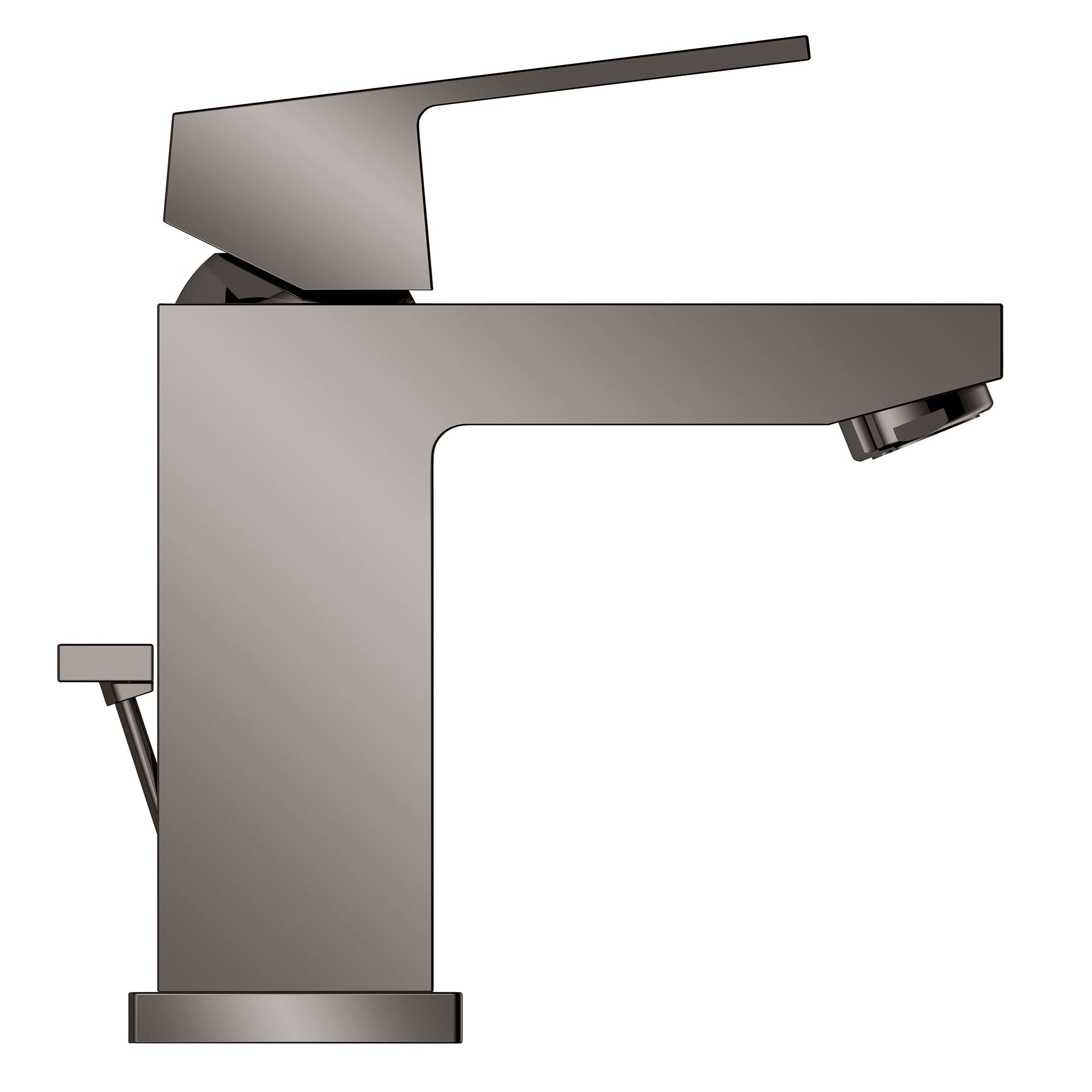 Dark gray Grohe Eurocube single-handle bathroom faucet with geometric design and side spray attachment.