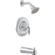 Chrome shower trim kit with single handle valve, curved spout, and fixed showerhead with spray holes.