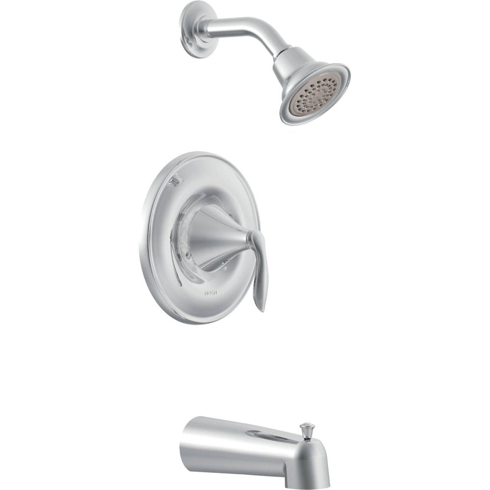 Chrome shower trim kit with single handle valve, curved spout, and fixed showerhead with spray holes.