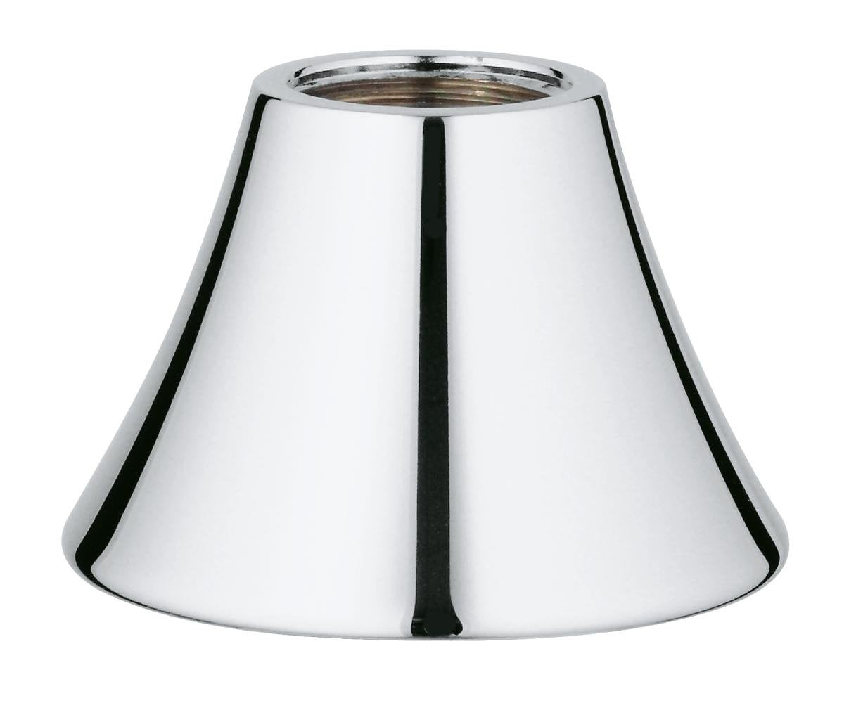 Chrome faucet cap with tapered cone shape and threaded opening at top.