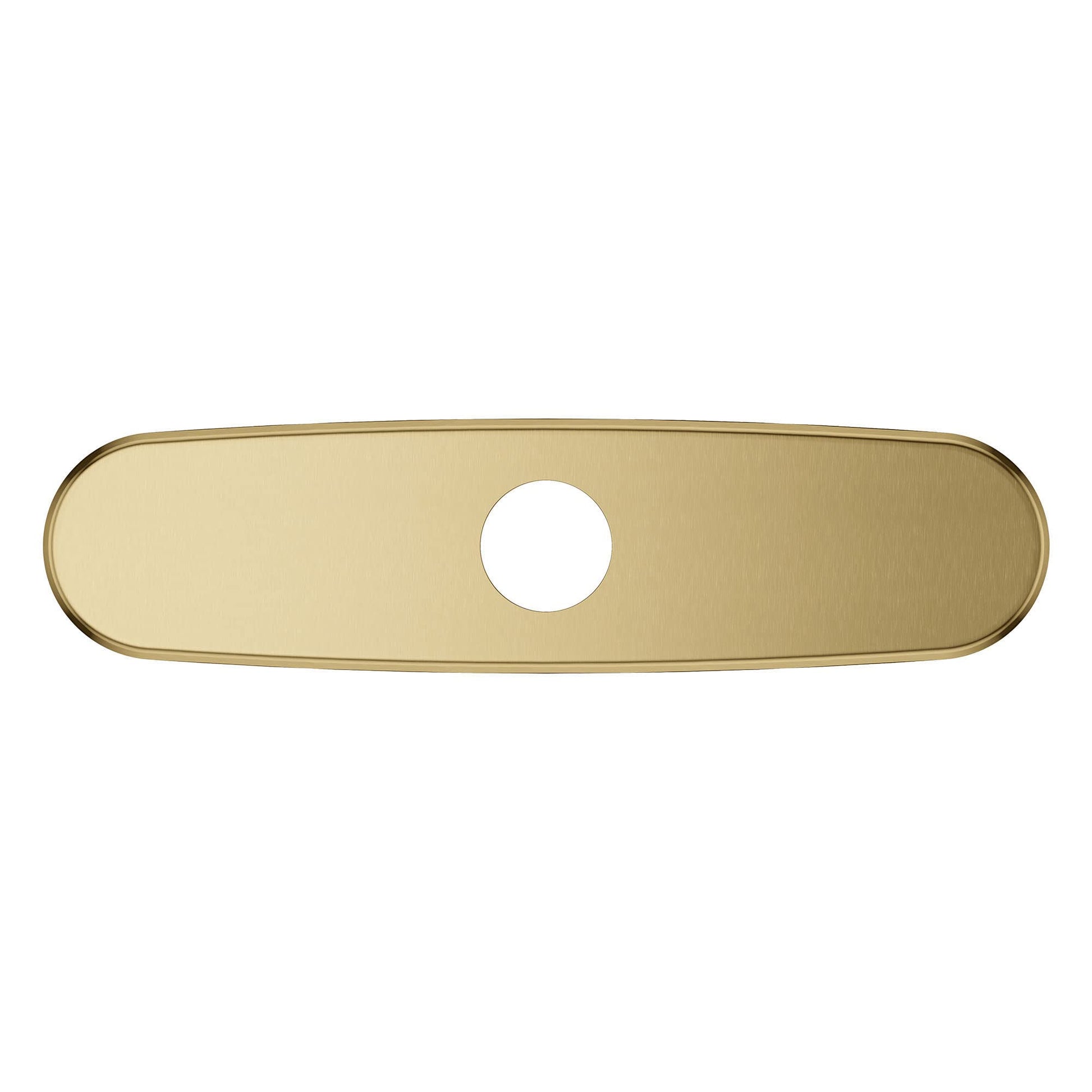 Brushed champagne-colored metal escutcheon with rounded edges and center hole for plumbing installation.