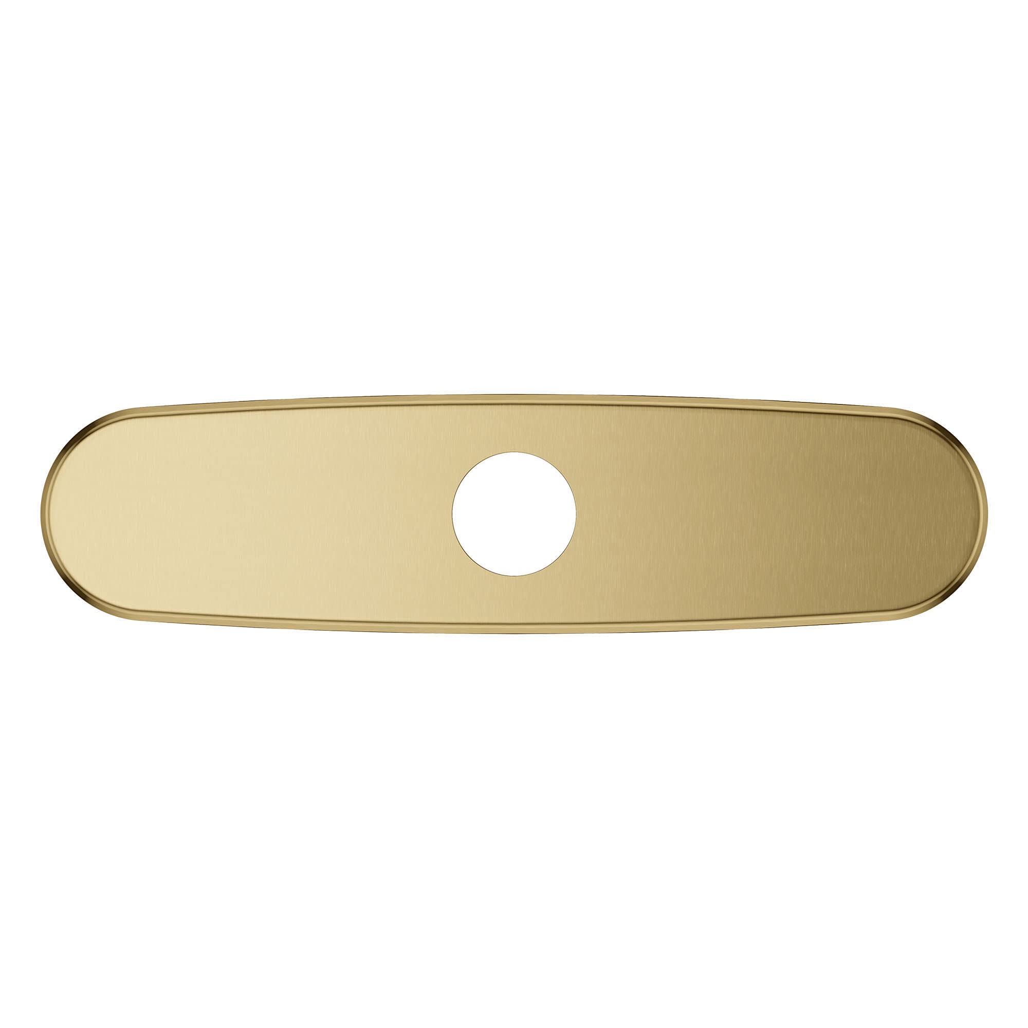 Brushed champagne-colored metal escutcheon with rounded edges and center hole for plumbing installation.
