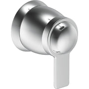Chrome volume control trim kit with cylindrical body and angled lever handle for shower or bath installation.