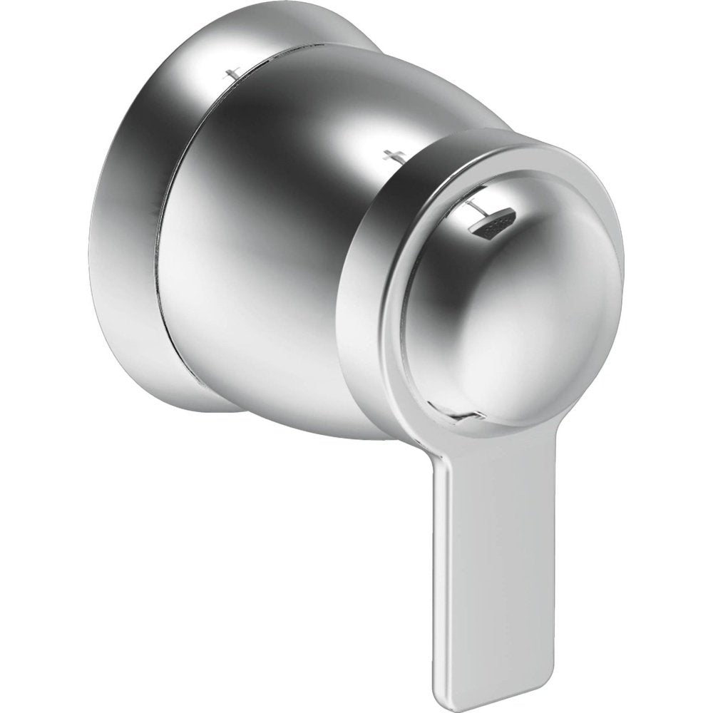 Chrome volume control trim kit with cylindrical body and angled lever handle for shower or bath installation.