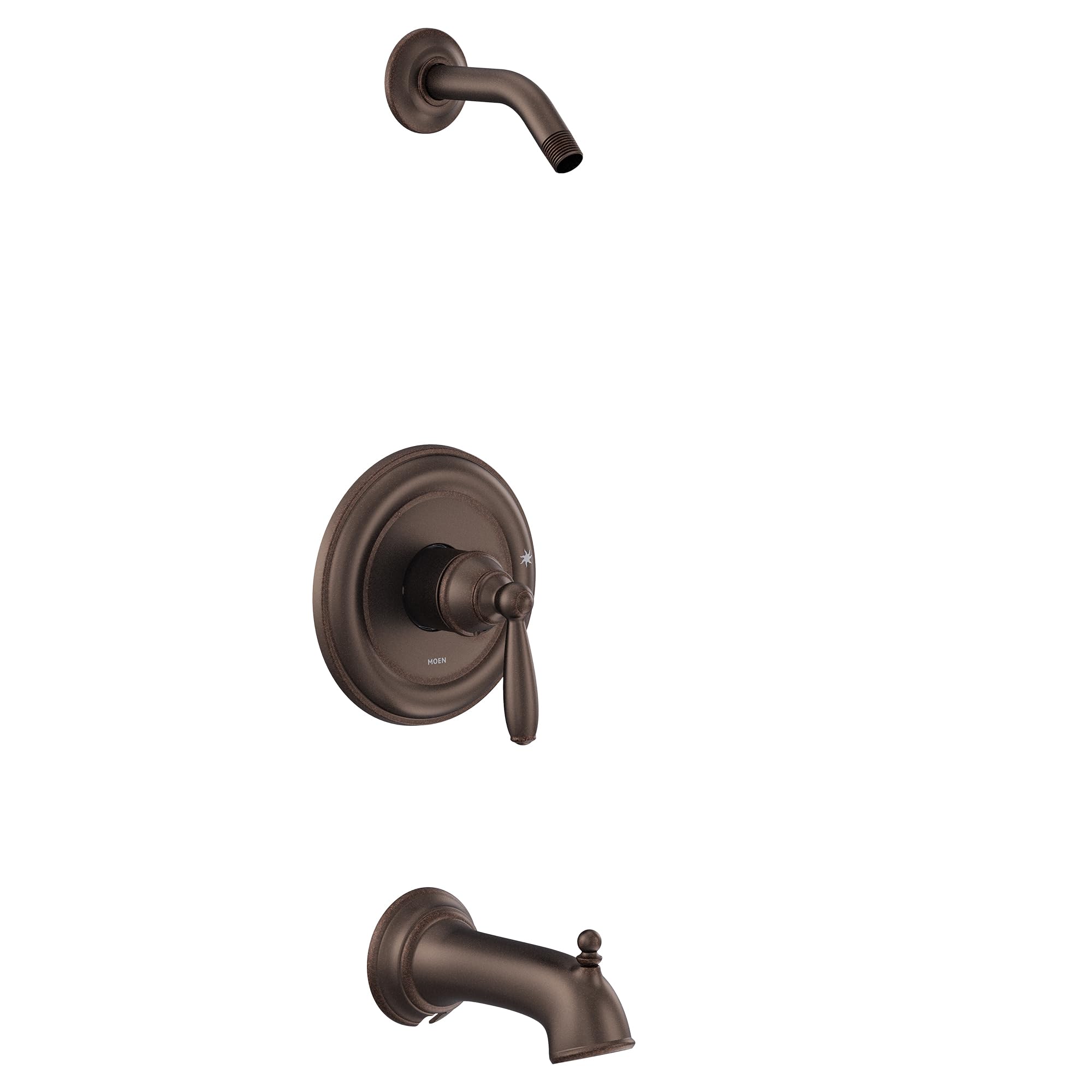 Oil rubbed bronze tub and shower trim kit with single lever handle, curved spout, and wall-mounted components.