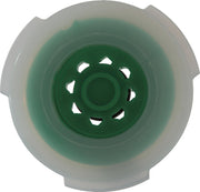 Green and clear plastic flow regulator washer with central opening and perforated edges for shower application.