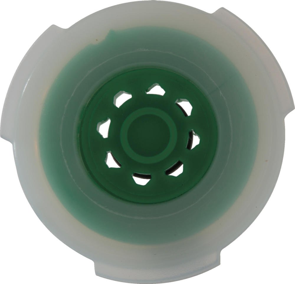 Green and clear plastic flow regulator washer with central opening and perforated edges for shower application.