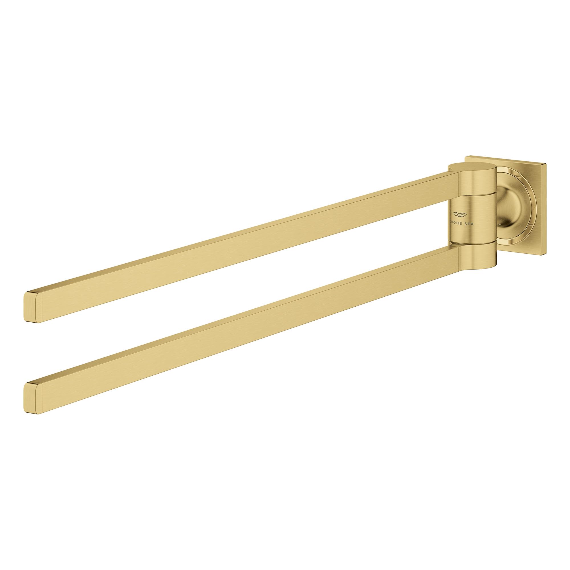 Brushed nickel double towel bar with two parallel horizontal bars and square wall-mounted bracket.