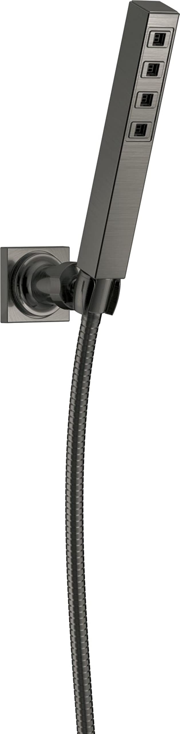 Matte black square hand shower on adjustable holder with wall mount bracket and hose.