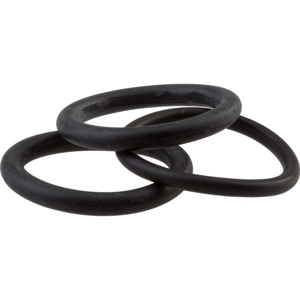 Three black rubber o-rings stacked together on a white background.