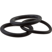 Three black rubber o-rings stacked together on a white background.
