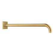 Brushed gold square shower arm extending 15 inches from wall-mounted bracket with curved end.