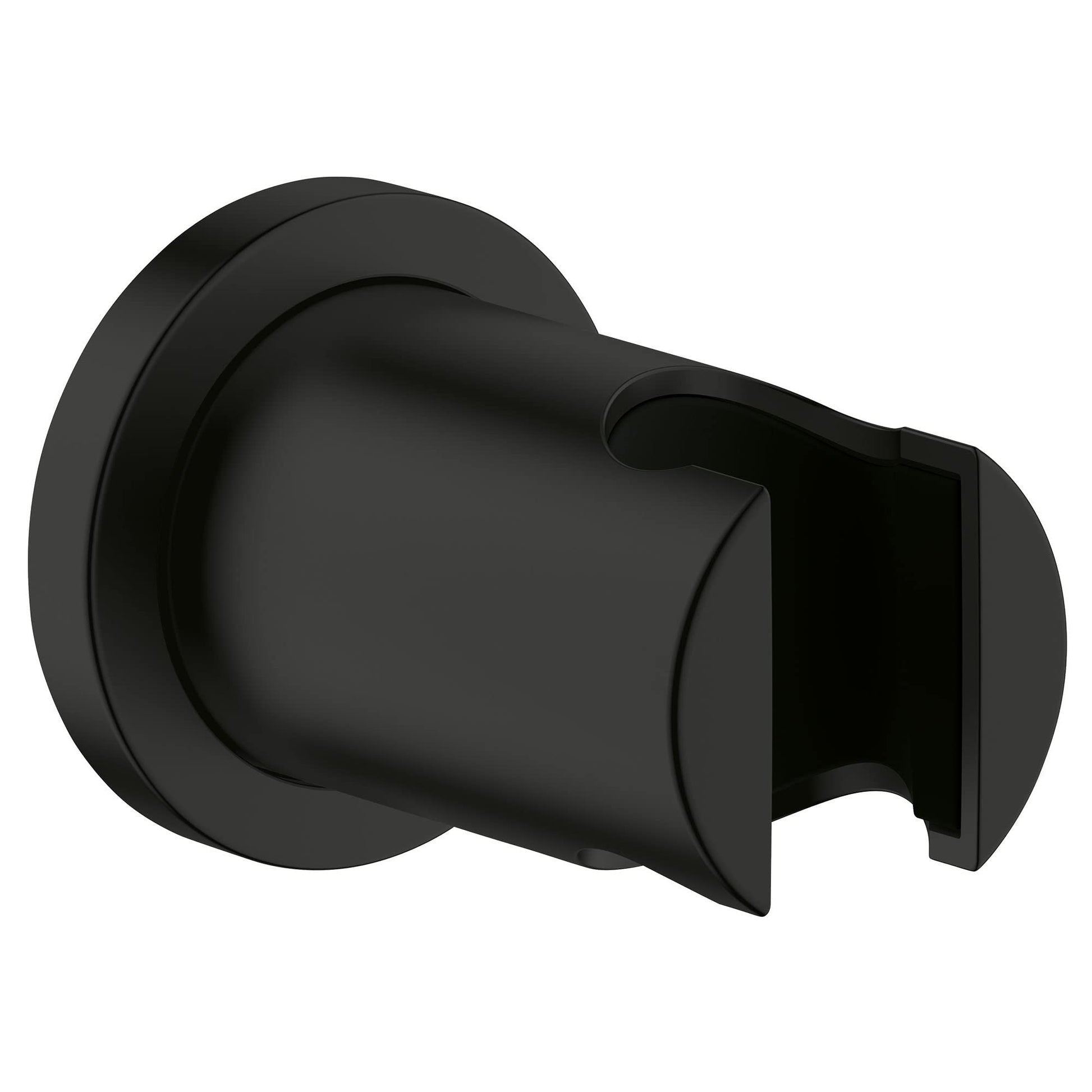 Matte black wall-mounted hand shower holder with cylindrical grip and circular mounting plate.