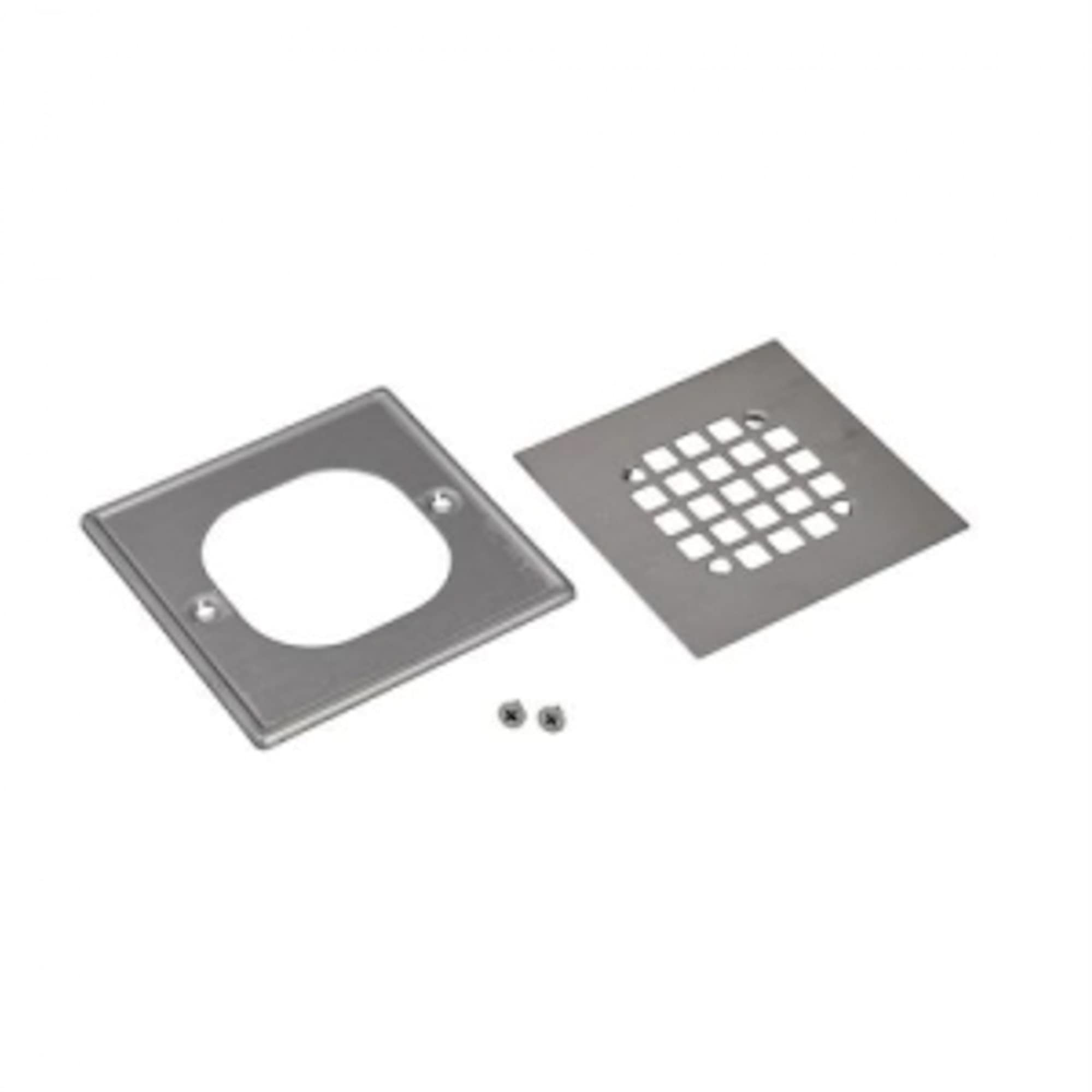 Square gray shower strainers with grid and circular openings, plus two mounting screws.