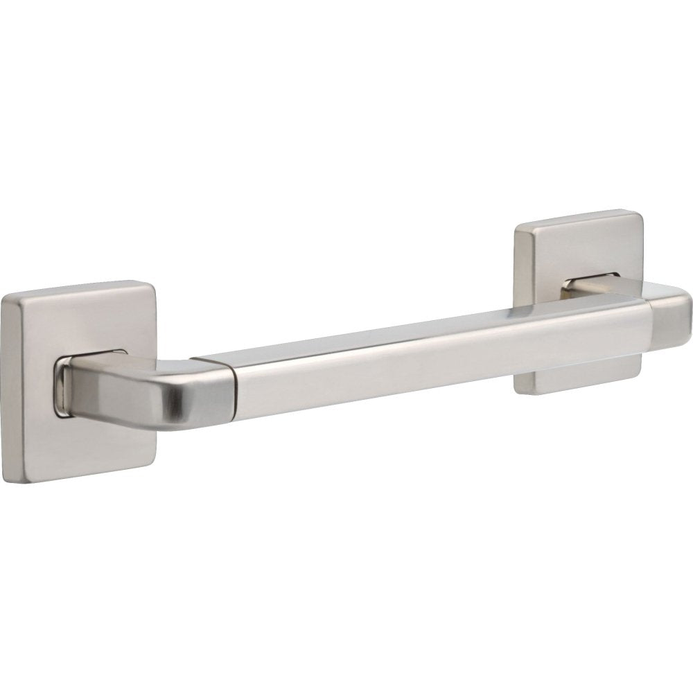 Brushed nickel angular grab bar with square mounting plates and curved handle ends.