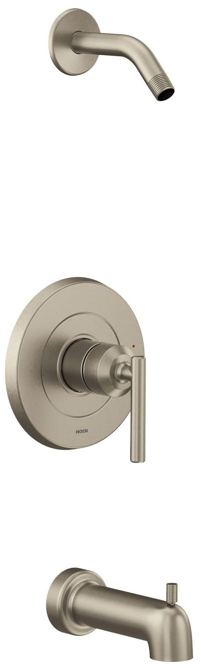 Brushed nickel single-handle tub and shower trim kit with curved spout, control valve, and lever handle.