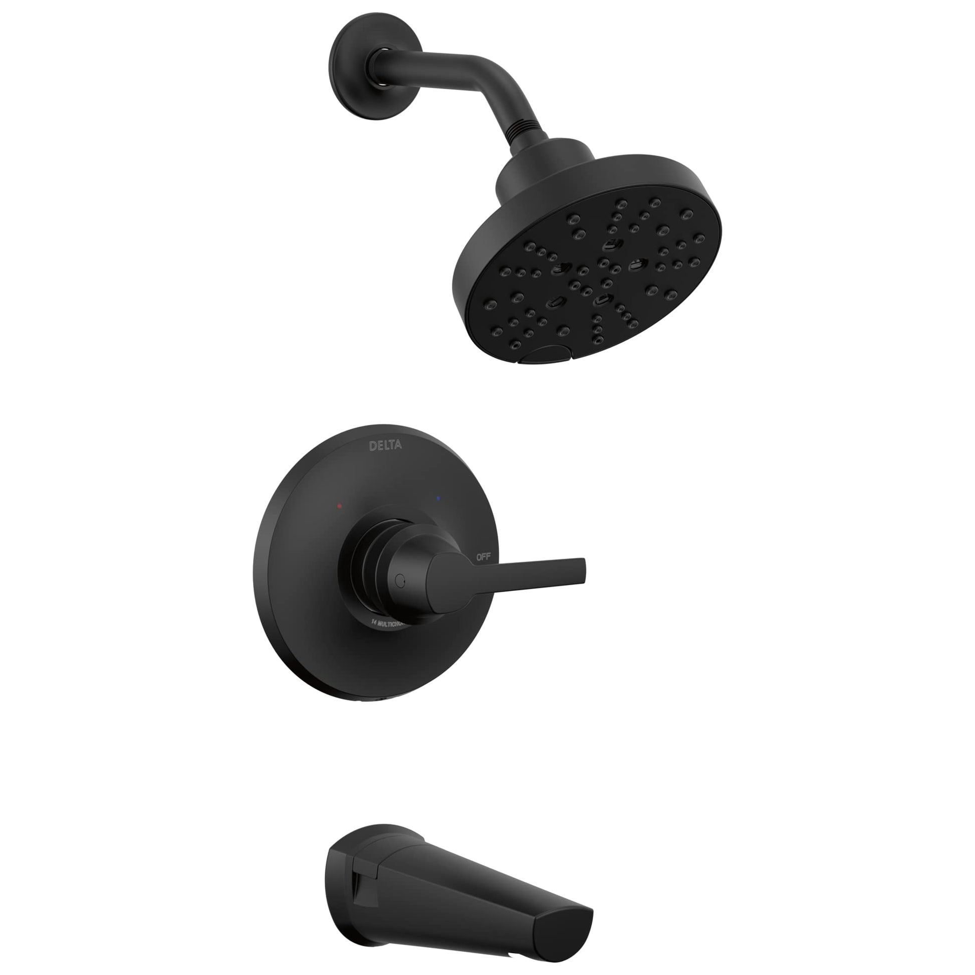 Black matte Delta tub and shower trim set with round showerhead, control valve, and tub spout.