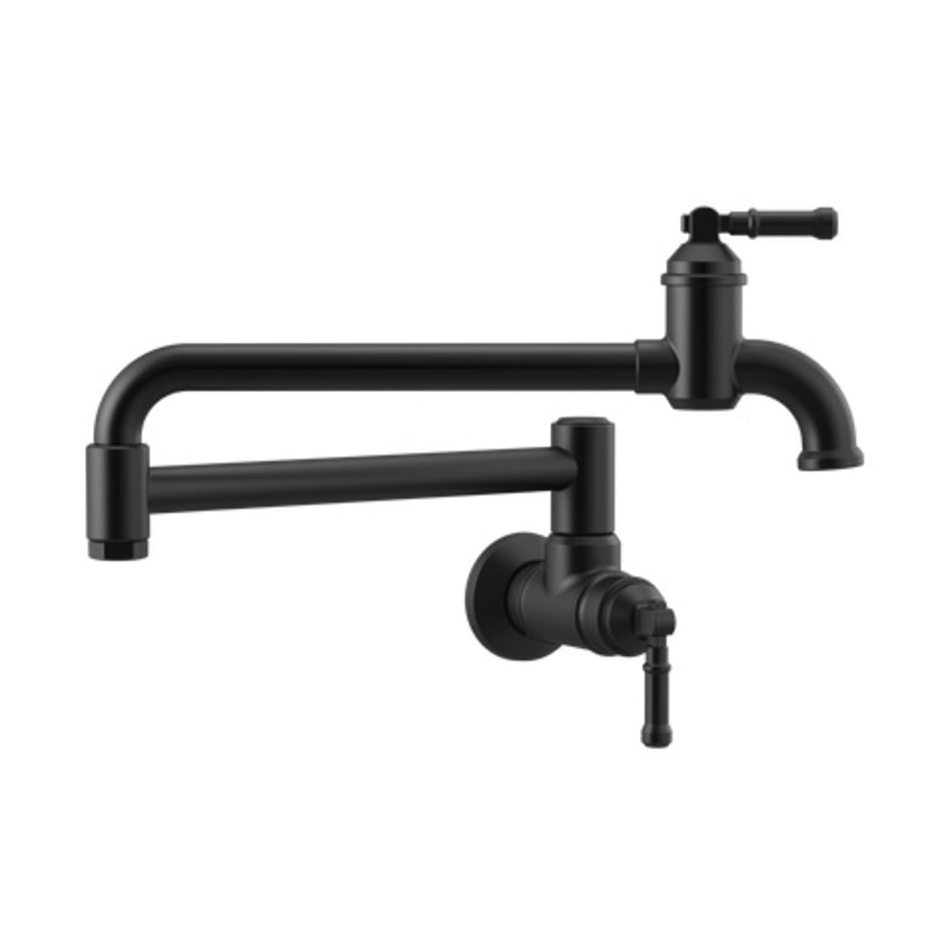 Black wall-mounted pot filler faucet with articulating arm and lever handles.