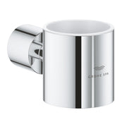 Chrome and white cylindrical holder with wall-mounted bracket and white ceramic cup interior.