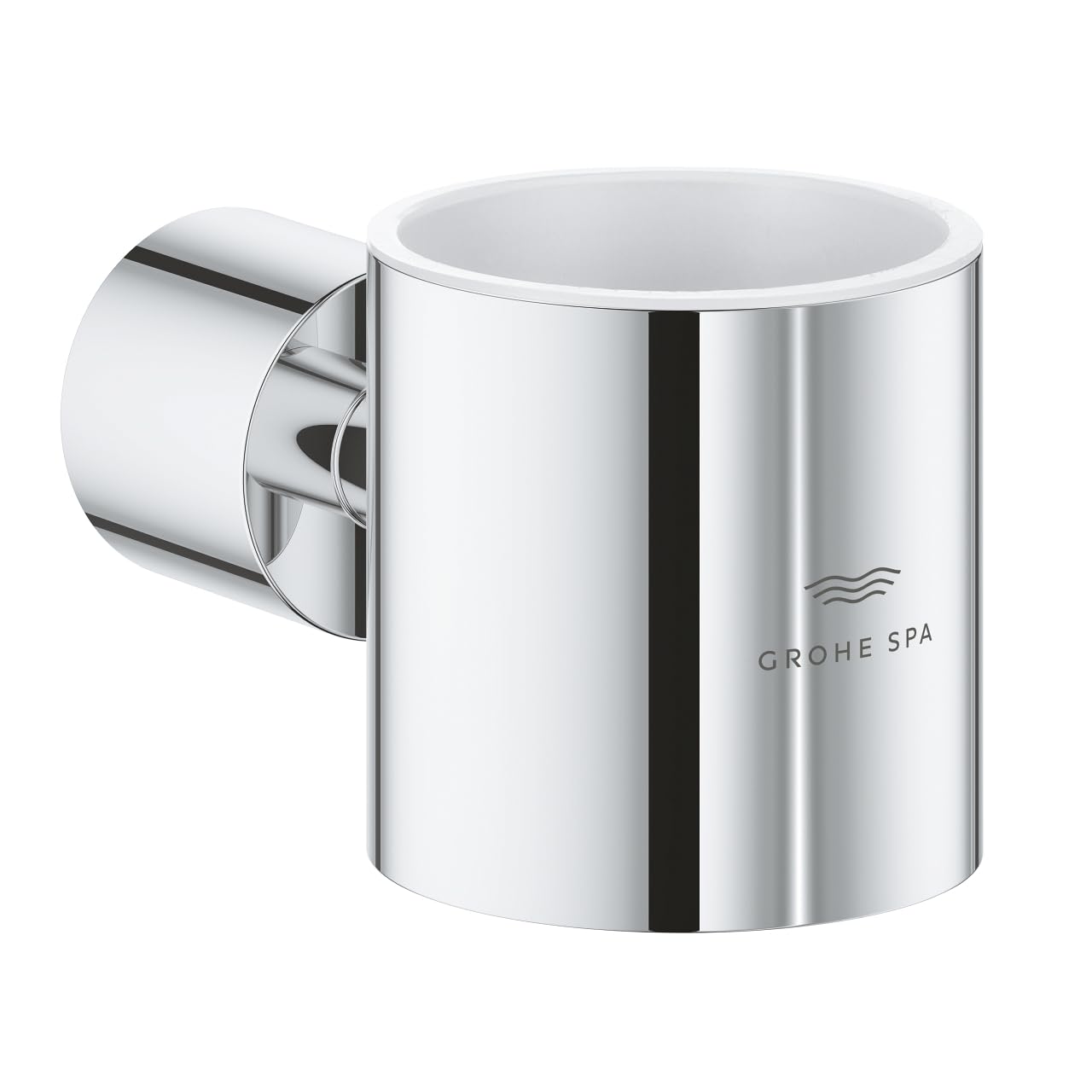 Chrome and white cylindrical holder with wall-mounted bracket and white ceramic cup interior.