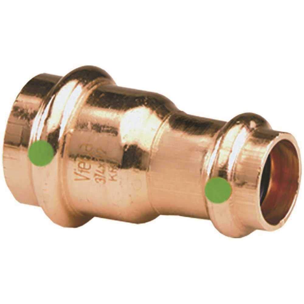Copper press reducer fitting with 1" connection on left and 3/4" on right, green indicator dots on sides.