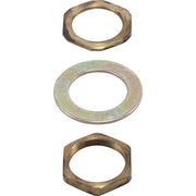 Brass hexagonal nut and two metal washers arranged vertically.