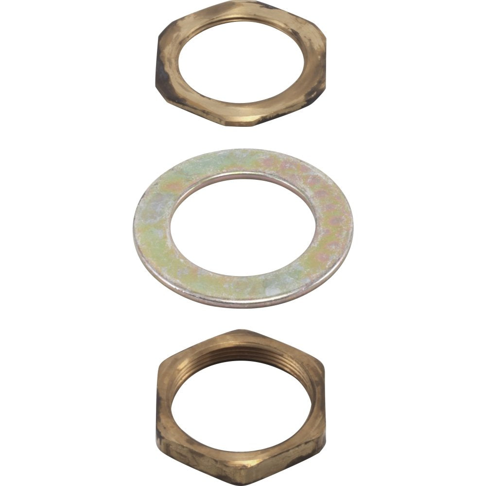 Brass hexagonal nut and two metal washers arranged vertically.