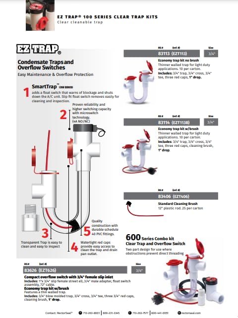 Red and white EZ Trap 100 series clear S-trap kit with brush for plumbing maintenance and overflow protection.