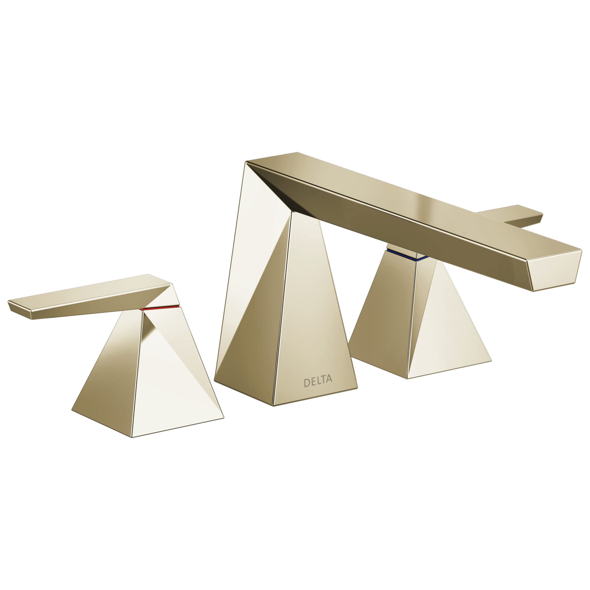 Chrome and cream two-handle roman tub faucet trim with geometric pyramid-shaped handles and spout.