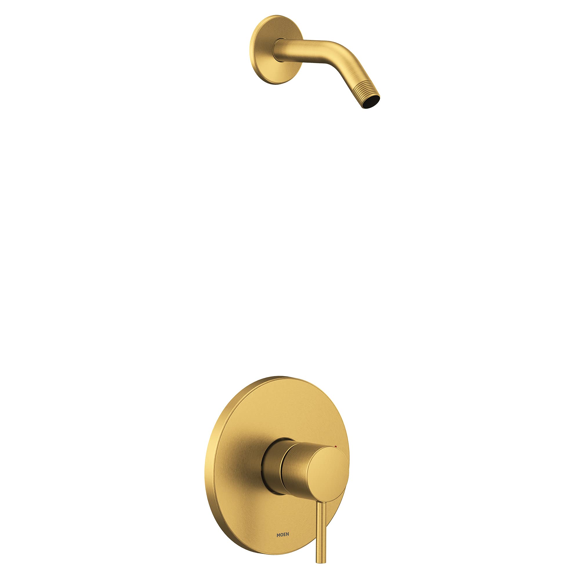 Brushed gold shower trim kit with single handle lever control and curved wall-mounted spout.