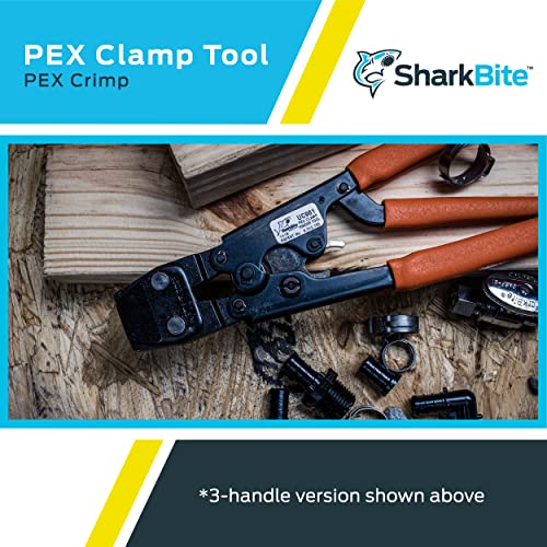 Sharkbite PEX clamp tool with wooden handles and metal clamp head, shown with assorted clamps on wooden surface.