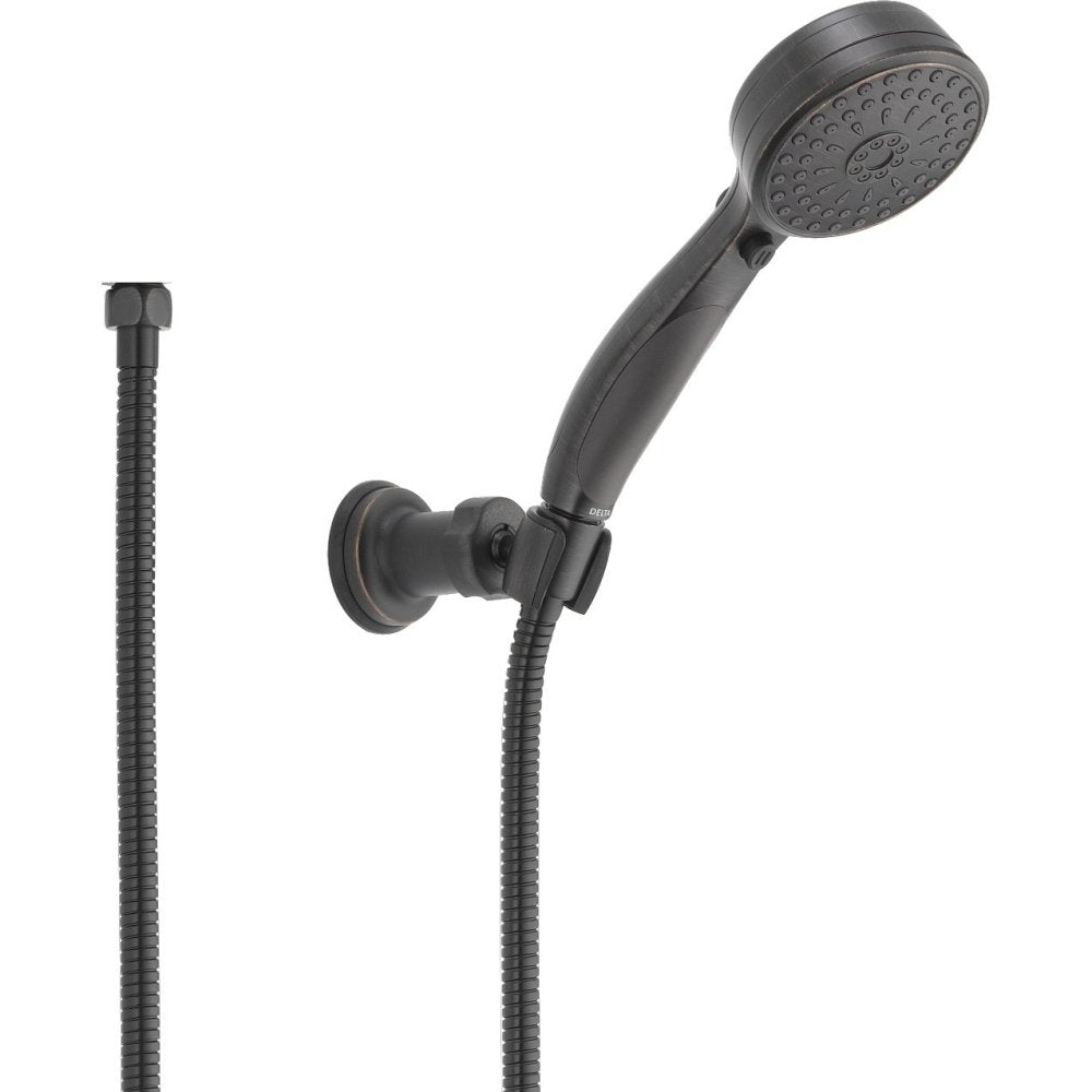 Chrome hand shower with perforated head mounted on adjustable wall bracket with flexible hose and control lever.