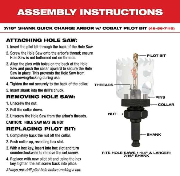 Milwaukee 2-1/2" HOLE DOZER bi-metal hole saw with 7/16" shank quick change arbor and cobalt pilot bit.