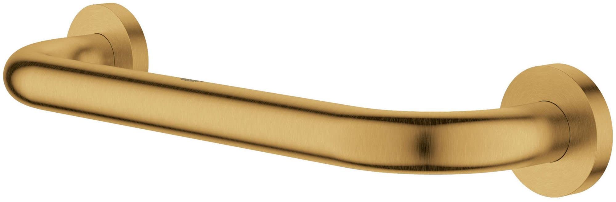 Brushed gold curved grab bar with circular wall-mounted flanges on each end, 12 inches long.