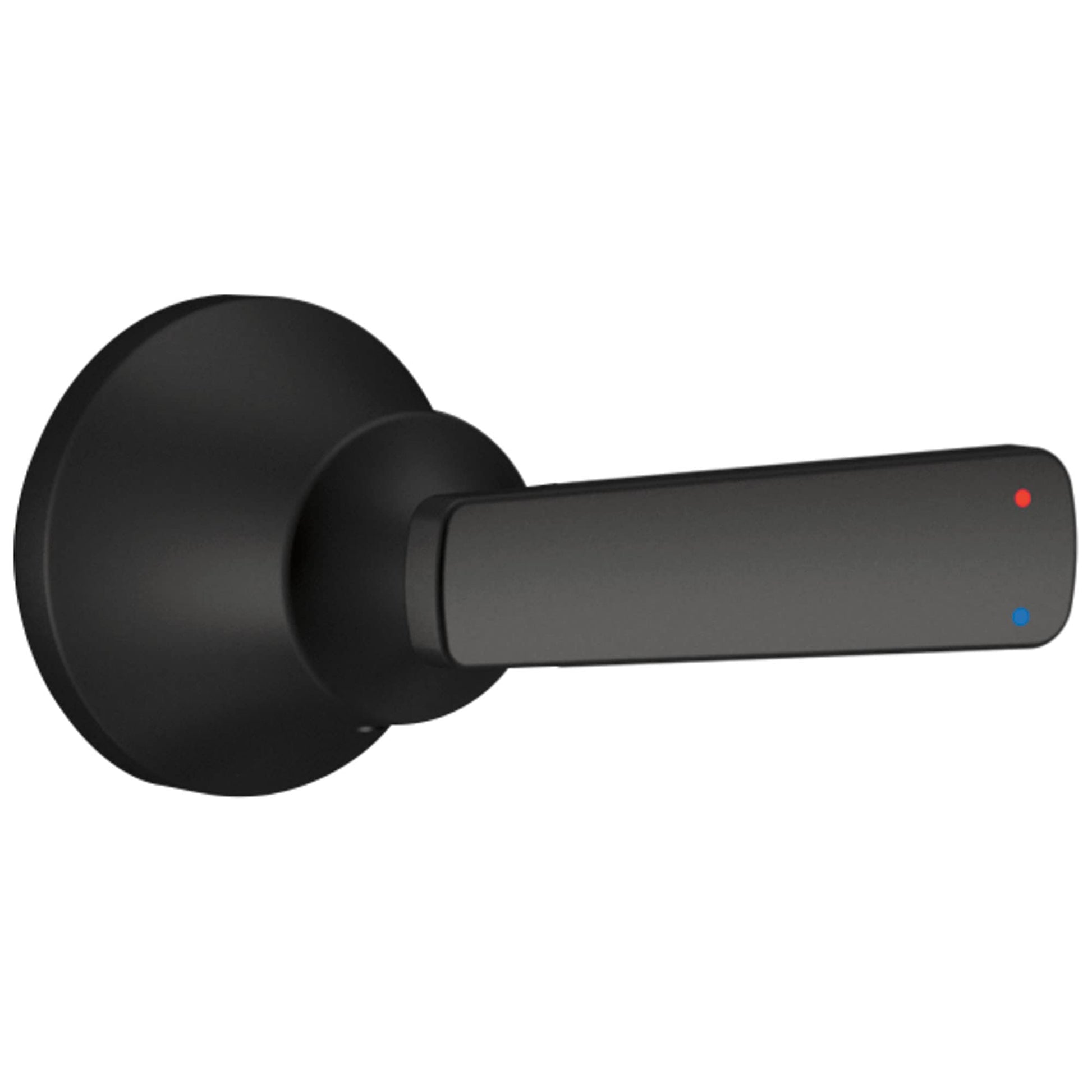 Matte black metal lever handle with circular rose plate and temperature indicator dots.