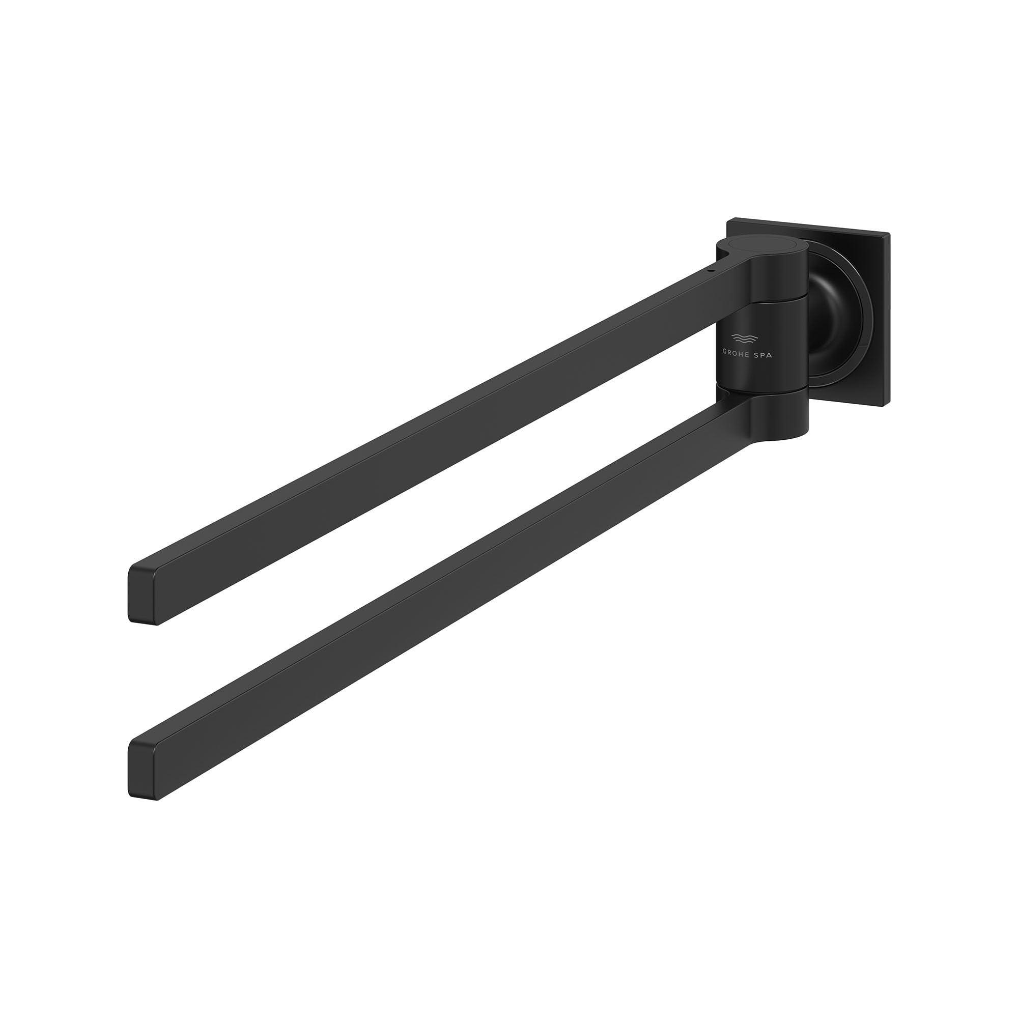 Double towel bar with two parallel horizontal bars in brushed nickel finish mounted on square wall bracket.